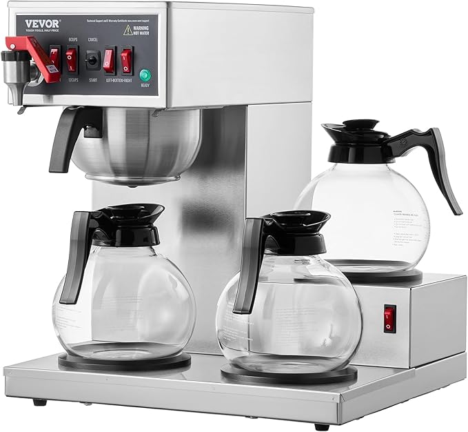 VEVOR 12 Cups Commercial Drip Coffee Maker, Coffee Maker Machine with 3 Glass Carafes and 3 Warmer Plates, Stainless Steel Pour Over Coffee Brewer with Auto Water Intake, for Restaurant Office Cafe
