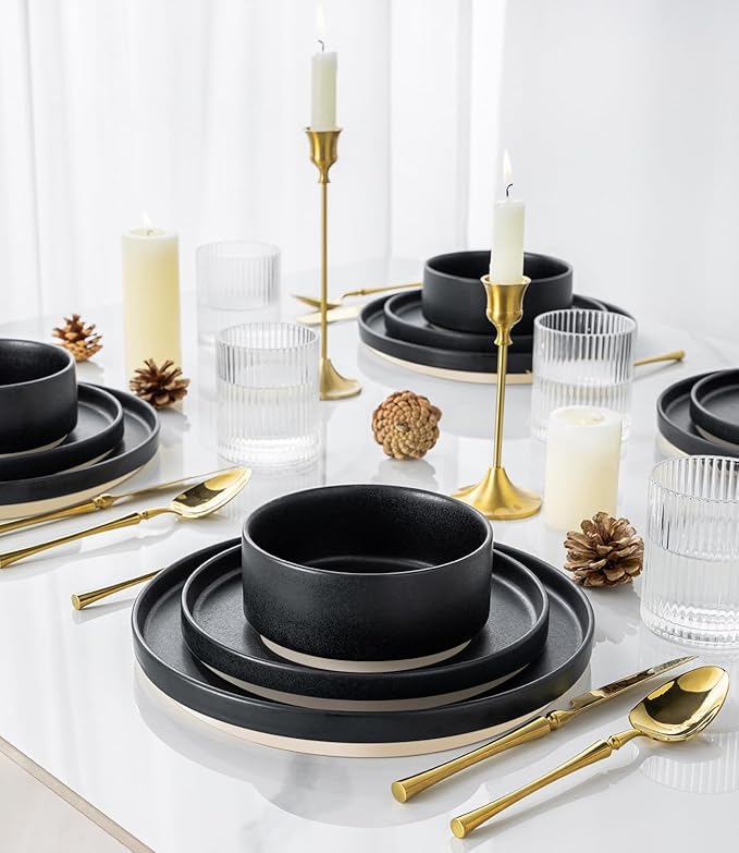 TheTerra Ceramic Dinnerware Sets for 4, 12 Pieces Handmade Reactive Glaze Plates and Bowls Set, Scratch Resistant Dish Set, Oven & Microwave & Dishwasher Safe, Matte Black