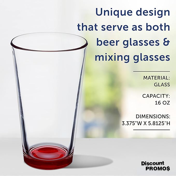 DISCOUNT PROMOS Beer Pint Glasses 16 oz. Set of 10, Bulk Pack - Heavy Duty Glassware for Restaurant, Thick Base and Walls, Stackable - Red