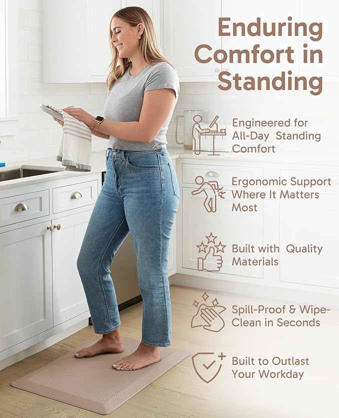 Ophanie Kitchen Mats for Floor, 3/4 inch Thick, 20x32 Anti Fatigue Christmas Cushioned Mat, Kitchen Rug, Waterproof, Comfort Ergonomic Standing Mat for Office, Home, Sink, Beige Non-Slip Ridged Bottom