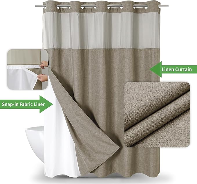 Long No Hooks Needed Linen Textured Shower Curtain with Snap-in Fabric Liner Set,Hotel Luxury Decor Shower Curtains for Bathroom,Waterproof & Washable,71Wx80H,Khaki/Tan