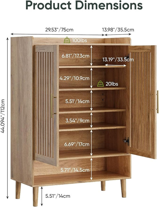 6-Tier Shoe Storage Cabinet with 2 Slatted Doors, Large Wooden Shoe Cabinet with Gold Handle, Hidden Entryway Shoe Organizer for Hallway, Foyer, Natural Oak