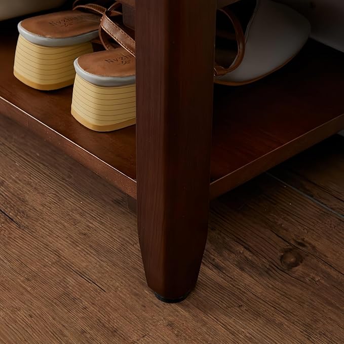 Shoe Bench Storage with Leather Cushion, Rustic Solid Wood Entryway Bench with 2 Height-Adjustable and Removable Shelves for Hallway, Living Room, Mudrooms (Dark Brown,39.4")