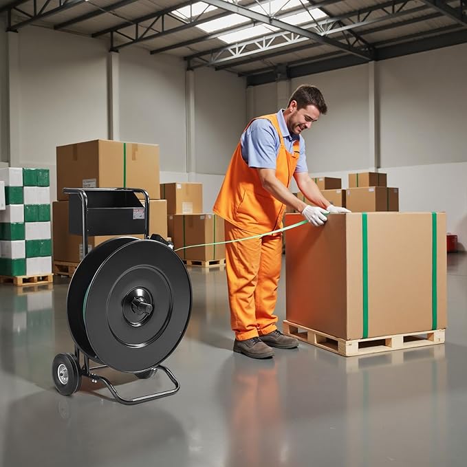 VEVOR Banding Strapping Cart, Fit for PET/PP/Steel Strapping Coils with 8 or 16 inches Core Size, Heavy Duty Strapping Dispenser Equipped with Upgrade Drum Brake, Built-in Spacious Tray for Tools