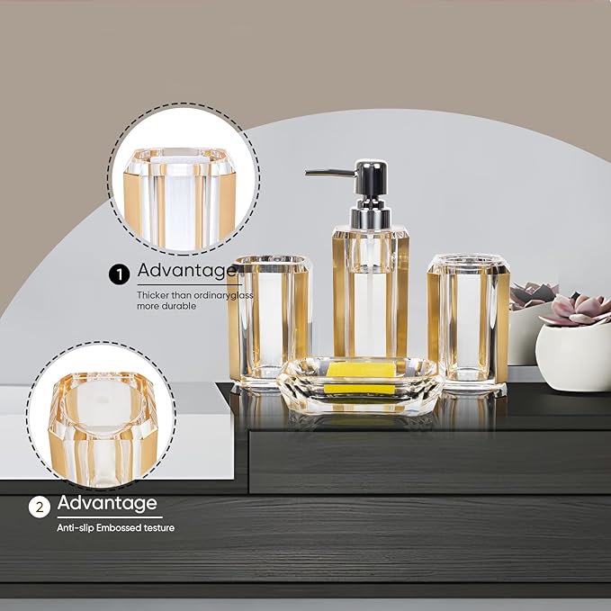 4 Piece Premium Acrylic Bathroom Accessory Set, Hand Sanitizer Bottle, Lotion Can Bathroom Suit, Separate Bottle Soap Box, Mouthwash Cup, Toothbrush Cup(Brushed Gold)