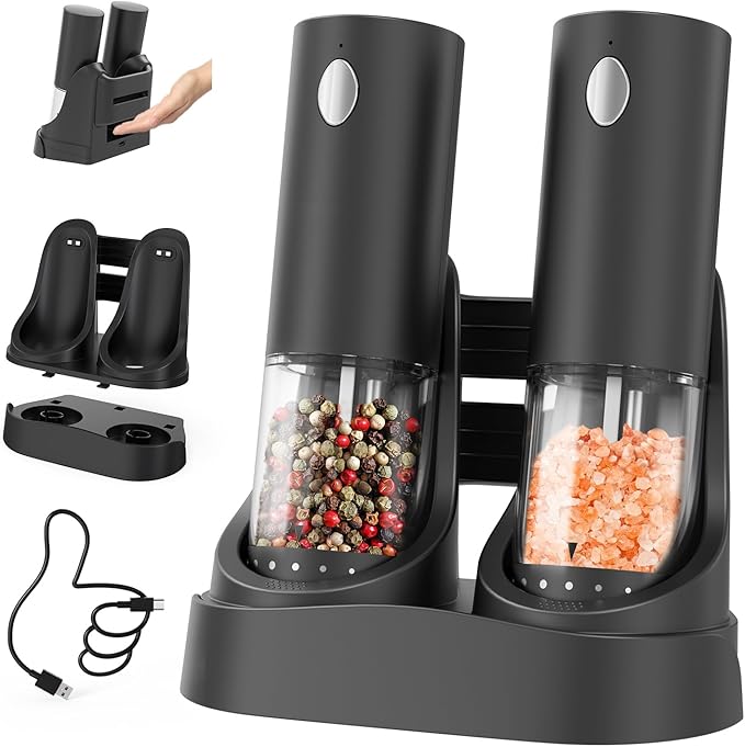CIRCLE JOY Electric Salt and Pepper Grinder Set Automatic Salt and Pepper Grinder Set with Easy-to-Carry Charging Base and LED Light, USB Rechargeable, Upgrade External Adjustable Coarseness