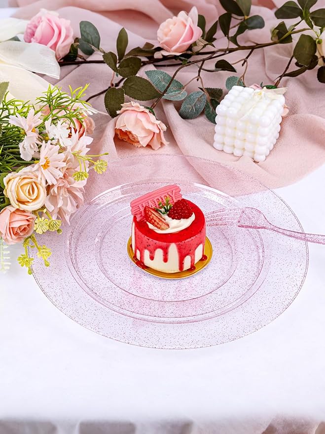 WDF 200PCS Pink Plastic Plates - Rose Gold Glitter Plastic Plates - Heavy Duty Pink Glitter Disposable Plates for Parties/Wedding/Valentine's Day