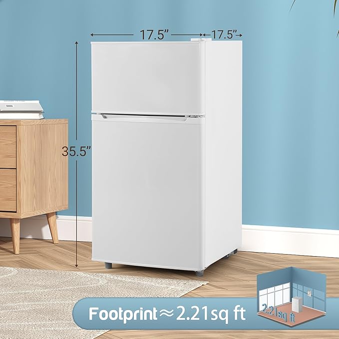 Double Door Refrigerator with Freezer, 3.5 Cu.Ft, Small Fridge with Freezer, 7 Settings Temperature Adjustable, Mini Refrigerator for Office Dorm Bedroom and Apartment (3.5 Cu.Ft, White)