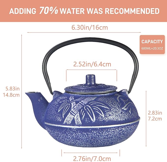 Cast Iron Teapot,SECHUDO Blue Tea Kettle,Japanese Cast Iron Teapot with Stainless Steel Infuser for Stovetop Safe (20.3OZ/600ML)