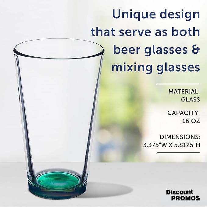 DISCOUNT PROMOS Beer Pint Glasses 16 oz. Set of 10, Bulk Pack - Heavy Duty Glassware for Restaurant, Thick Base and Walls, Stackable - Green