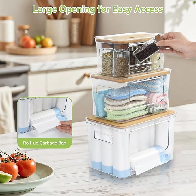 OTraki 3 Pack Trash Bag Holder Dispenser with Lid Plastic Garbage Bag Holder Dispenser Stackable & Wall-mounted, Trash Bags Dispenser Under Sink for Kitchen, Pantry Cabinet Organizer and Storage