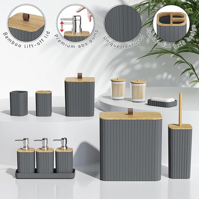 Bathroom Accessory Set - Grey Bathroom Set, 27PC Bathroom Accessories Set, Bathroom Sets with Shower Curtain and Rugs, Mini Trash Can, Toilet Brush, Trash Can & Soap Dispenser