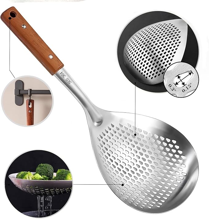 Stainless Steel Colander Strainer Pasta Food Noodle Grease Drain Fine Mesh Metal Kitchen Universal Clip on Spider Handle 5.8 Inch
