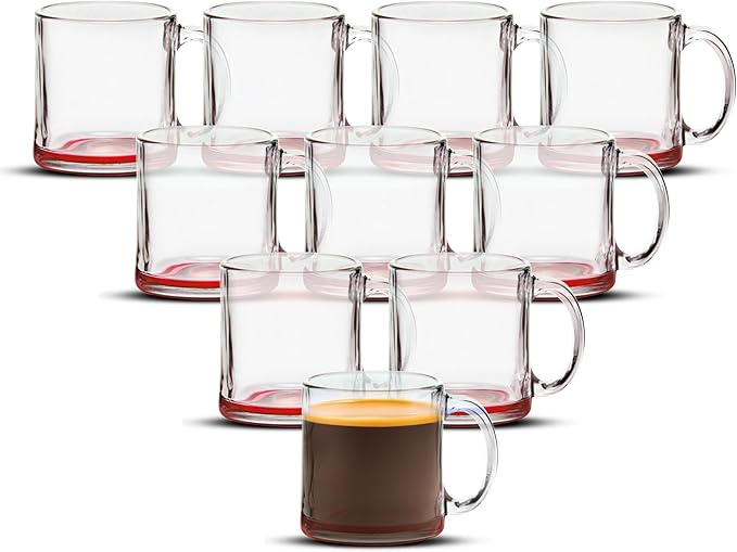 Libbey Clear Glass Coffee Mugs 13 oz. Set of 10, Bulk Pack - Perfect for Coffee, Tea, Espresso, Hot Cocoa, Other Beverages - Red Bottom