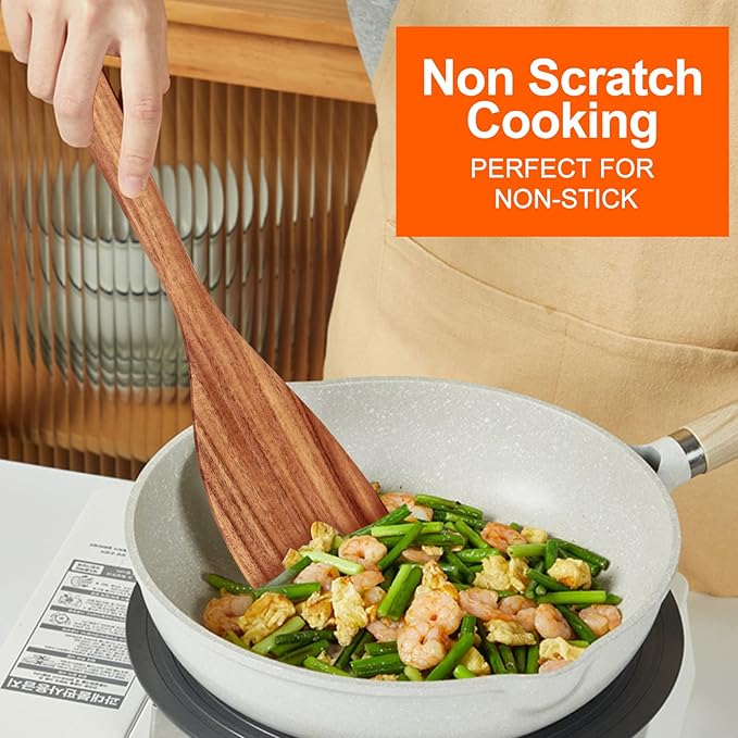 6 Pack Teak Wooden Spoons for Cooking Utensil Set Best Wood Non Toxic Spatula Slotted Turner Nonstick Bamboo Kitchen Utensils Serving Scraper Spurtle Stirrer Cooking Spoon Flat Egg Flipper Spatulas