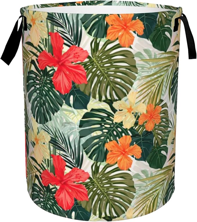 Tropical Palm Leaves Large Storage Basket,Hibiscus Flowers Laundry Hamper/Bathroom/Home Decor/Collapsible Round Storage Bin,Boys Girls Dirty Clothes Hamper/Boxes/Toys Storage 16x20 Inch