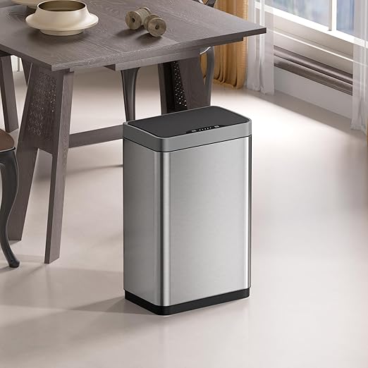 Mbillion Automatic Trash Can - 15 Gallon Motion Sensor Stainless Steel Smart Trash Can with Lid - Rectangular Touchless Garbage Can for Kitchen, Bedroom, Home Office - Silver