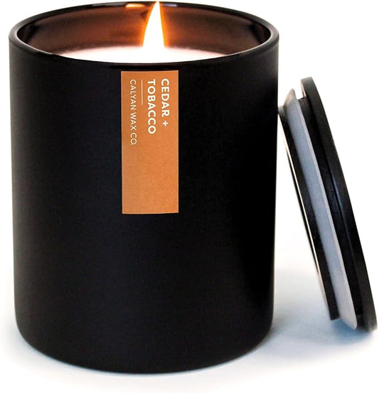 Calyan Wax Co. Cedar & Tobacco Scented Candle - 75 Hour Burn - Luxury Non Toxic Soy Wax Candles - Long Lasting Black Tumbler Jar Candle for Home - 10.2oz