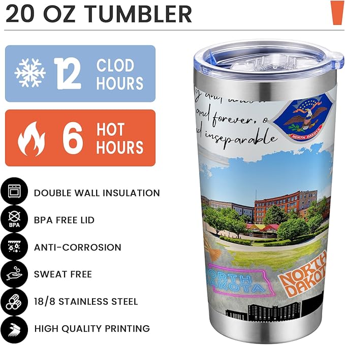 20oz Insulated Tumbler North Dakota State Coffee Mug, United States Map Travel Mug Landmark, Birthday Gifts Cute Custom Tumbler Cups with Lid and Straw Gifts for Mom