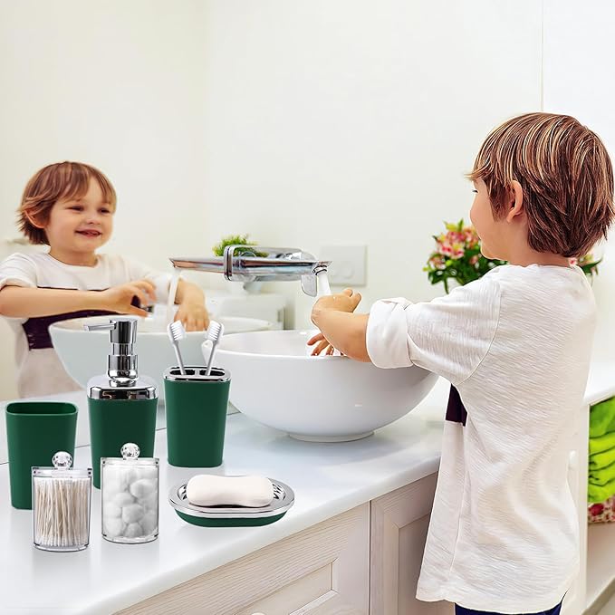 Green Bathroom Accessories, Dark Green Bathroom Set with Shower Curtain, Trash Can, Vanity Tray, Soap Dispenser, Soap Dish, Toothbrush Holder and Cup for Home Decor