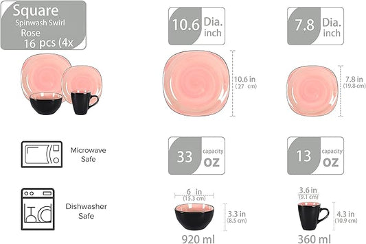 Stoneware Square 16pc Dinnerware Set, Inside Spinwaseh Swirl Rose + Outside Black