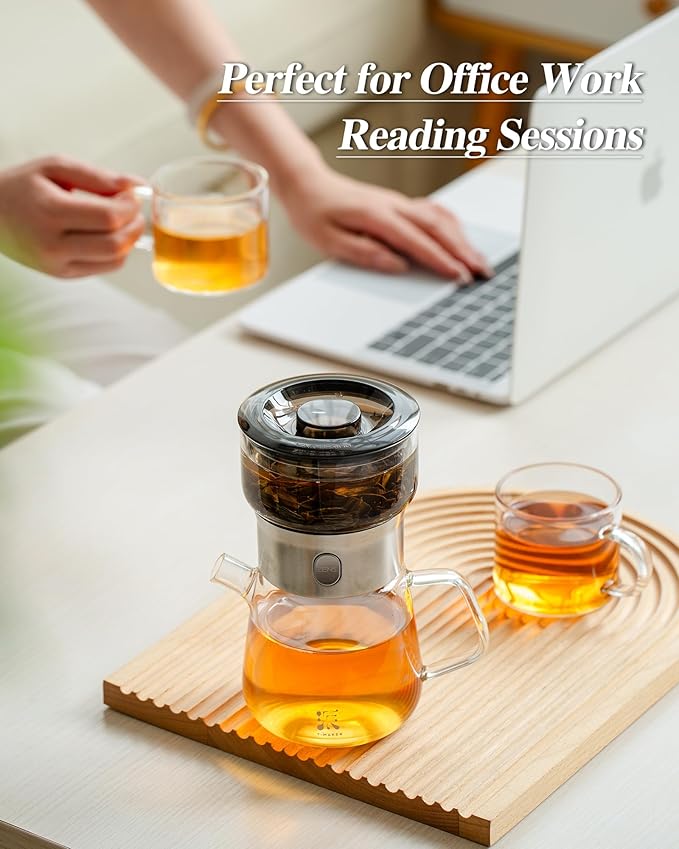 ZENS Modern Glass Tea Infuser Teapot Set, Smart One Touch Tea Maker for Loose Tea Diffusers with 2 Gongfu Cups, Cool Enchanted Tea Pot Alternatives for Black Tea Lovers Gifts-400ml