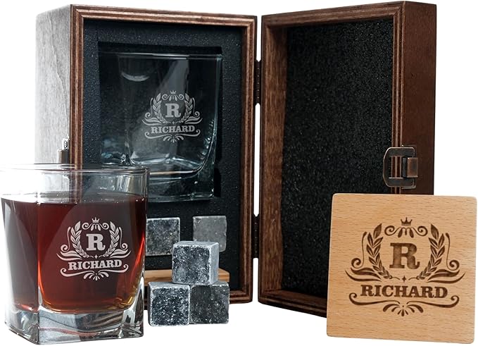 Personalized Whiskey Glasses Set with Custom Whiskey Glasses - Personalized Gifts for Men, Gifts With Engraved Wooden Box and Whiskey Stones