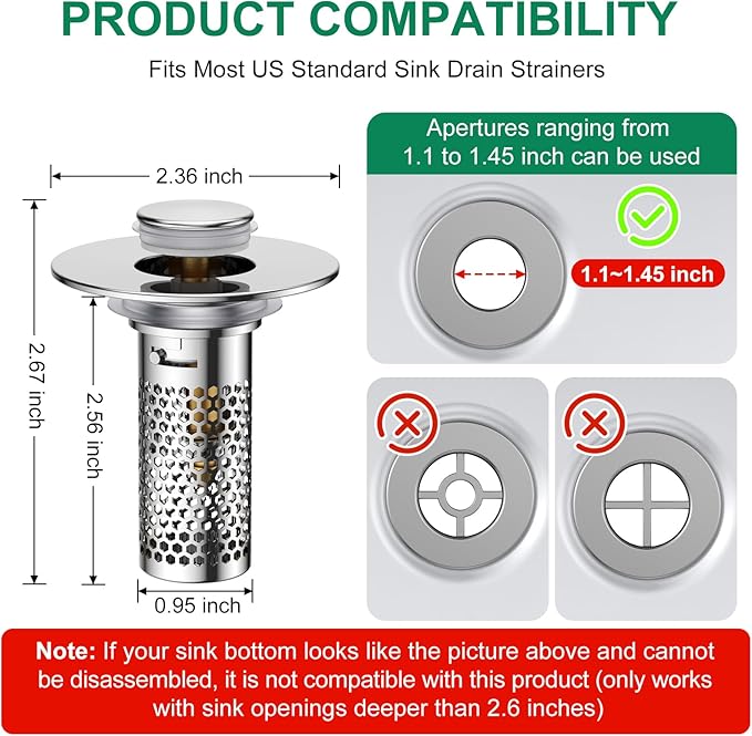 Bathroom Sink Drain Strainer,Pop-Up Sink Stopper Hair Catcher, Anti-Clog Stainless Steel Drain Filter Basket, Removable Sink Drain for Bathroom Sink Stopper Replacement (Silver-2)