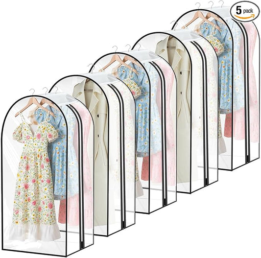 5 Pack 60" Large Clear Garment Bags for Hanging Clothes Storage, 10" Gusseted Large Capacity Garment Rack Cover, Hanging Clothing Bag for Dress Gowns, Coats, Suit, Down Jacket