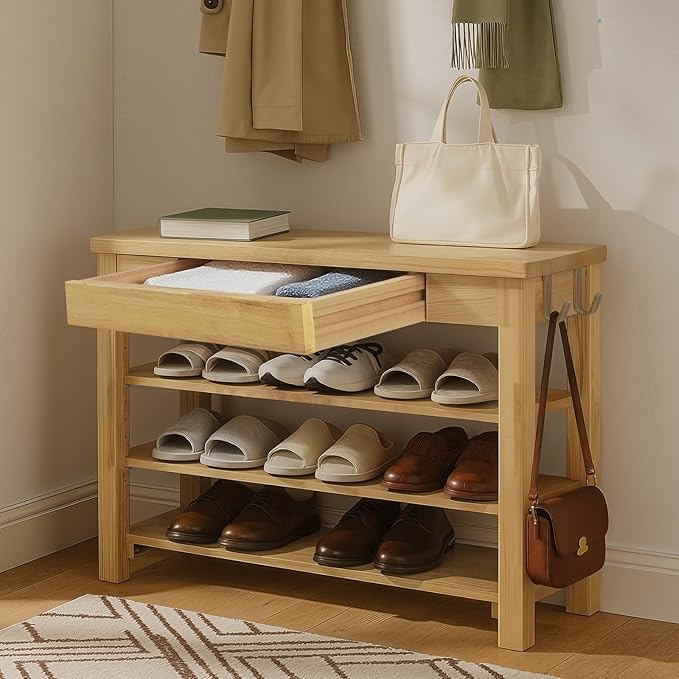 Shoe Storage Bench Wood Entryway: Shoe Rack Bench with Drawer 3-Tiers Height Adjustable,Rustic Wooden Organizer for Front Door Entrance Hallway Living Room,Mudrooms (Natural 3-Tiers, 31.5)