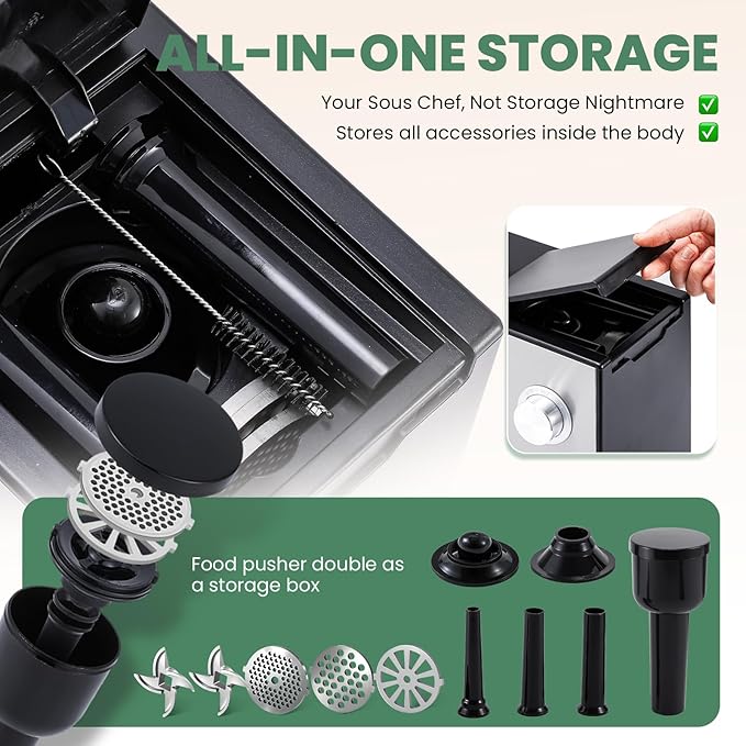 Huanyu Meat Grinder Electric 3200W Max Power, Built-in Storage, Heavy Duty, 2 Blades, 3 Plates, Sausage Tubes and Kubbe Kit #10 Outlet for Home Use