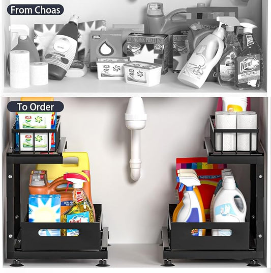 Under Sink Organizer, 2-Tier Pull Out Cabinet Drawer with Adjustable Height 13.7-17.1", Kitchen Bathroom Storage Rack, Heavy Duty Metal Sliding Basket Shelf