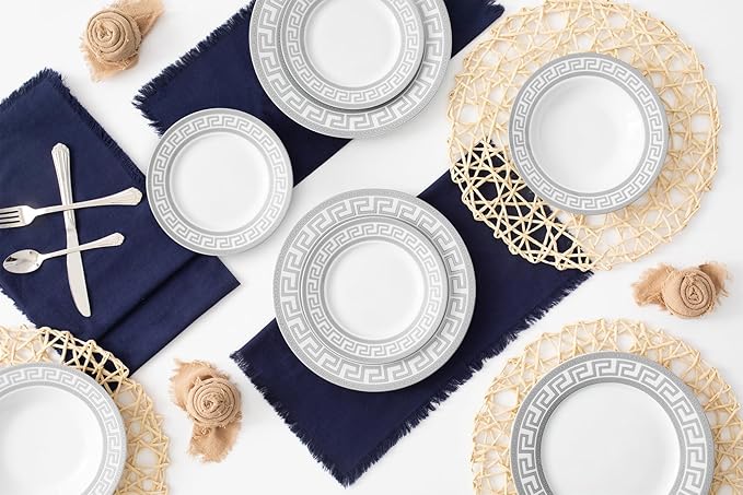 Porcelain 12 Piece Dinnerware Set - Service for 4 - Gorgeous Silver Greek Key Inspired Design - Includes Kitchen Plates, Ceramic Dishes Set for 4 (Meander Silver)