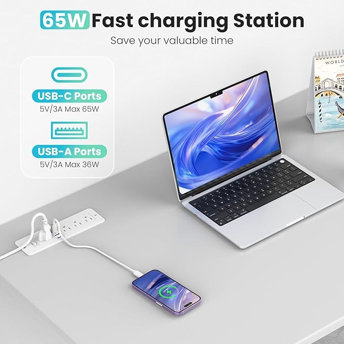 65W GaN USB C Recessed Power Strip, 4 AC Outlets & 2 USB-C PD + 2 USB-A QC, Flush Mount Hidden Charger Station for Desk Drawer Home Office Furniture