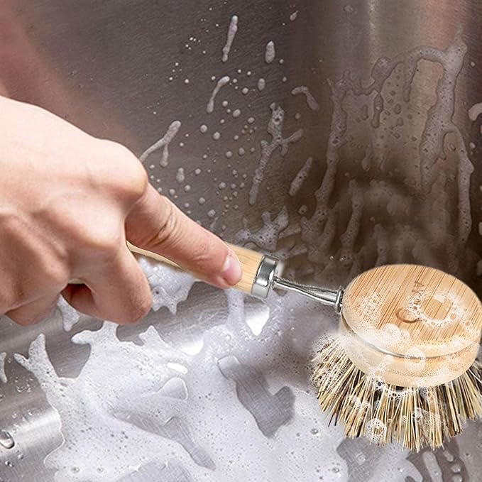 Bamboo Dish Scrubber with Handle 4 Replacement Heads, Natural Kitchen Scrub Brush,Sustainable & Biodegradable, Bamboo Dish Brush for Cleaning Cast Iron Pan/Pot(Hard Bristles)