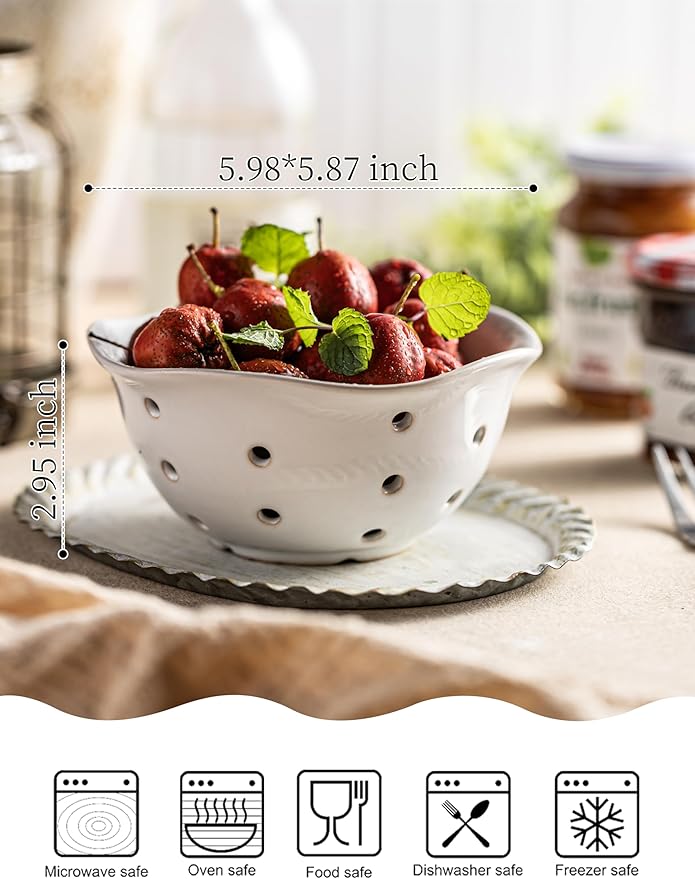 Gomakren Ceramic Berry Basket Set of 2, Elegant Fruit Basket Container 6 Inch, Fruit Bowl with Holes for Kitchen Counter, Berries, Strawberry, Grape, Cherry, Floral Shape - White