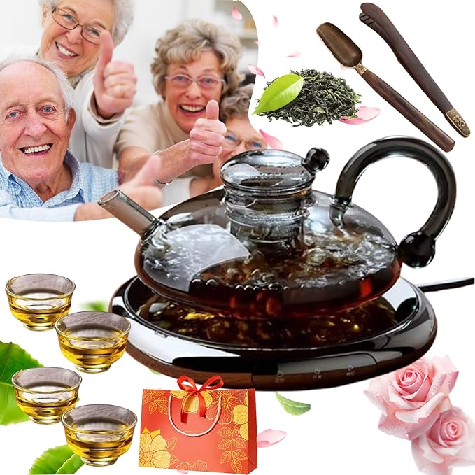 2026 Upgrade - 24 OZ Luxury Glass Teapot with Warmer,Automatic Electric Kettle with Tea Infuser,Teapot and Cup Set with Warmer,New Year Christmas Gift for Tea Lovers (Gray set + 4 cups)