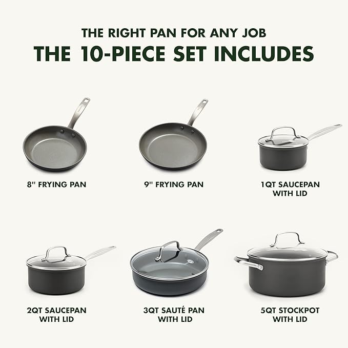 GreenPan Chatham Hard Anodized Healthy Ceramic Nonstick 10 Piece Cookware Pots and Pans Set, Frying Pan Skillets, Saucepans, Saute Pan, Stockpot, Lids, PFAS-Free, Dishwasher & Oven Safe, Gray