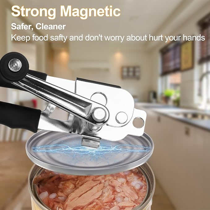 Commercial Can Opener with Magnet, Manual Heavy Duty Hand Crank Can Opener Smooth Edge with Comfortable Handles, Fit Most Size Cans, Large Cans for Seniors, Kitchen