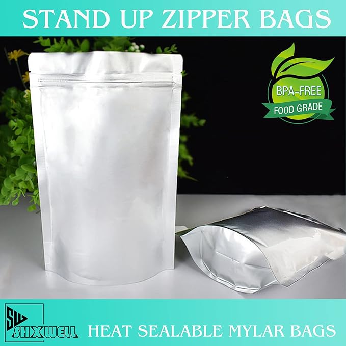 50pcs 1 Gallon Mylar Bags for Food Storage, 10 Mil 10"x14" Stand-Up Zipper Pouches Resealable and Heat Sealable Bags for Long Term Food Storage(10"x14", Extra Thick)