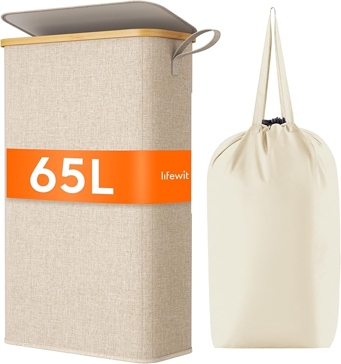Lifewit 65L Slim Laundry Hamper with Lid, Narrow Laundry Basket with Removable Bag & Bamboo Handles, Fodable Thin Dirty Clothes Hamper for Laundry Collapsible Bin for Bathroom Bedroom Dorm, Beige