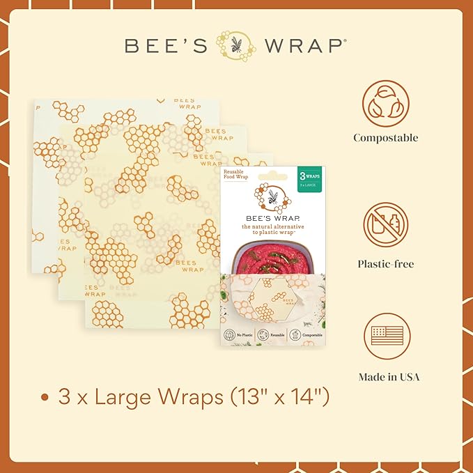 Bee's Wrap Beeswax Wraps for Food - Honeycomb Large 3 Pack Made in USA Reusable & Organic Food Wraps, Sandwich Wrap & Bowl Covers - Eco-Friendly Alternative to Aluminum Foil & Plastic Wrap