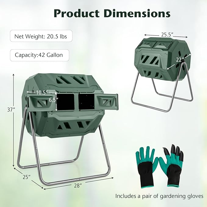 Goplus Compost Bin, Outdoor 42-Gal Dual Chamber Composting Tumbler w/2 Sliding Doors, Heavy-Duty Metal Frame, 360° Rotatable Tumbling Composter, BPA-Free Compost Tumbler for Kitchen Garden Yard Waste