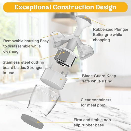 Food Chopper, Vegetable Chopper with Container, Onion Chopper Vegetable Cutter, Manual Veggie Chop Handheld Food Chopper for Garlic, Nut, Stainless Steel Blades, Dishwasher Safe, Easy to Clean, White