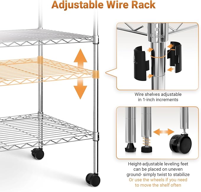 Simple Deluxe Heavy Duty 4-Shelf Shelving with Wheels, 35.43" D x 17.72" W x 61.02" H Adjustable Steel Organizer Wire Rack 1000 Lb Capacity, Chrome, 2 Pack