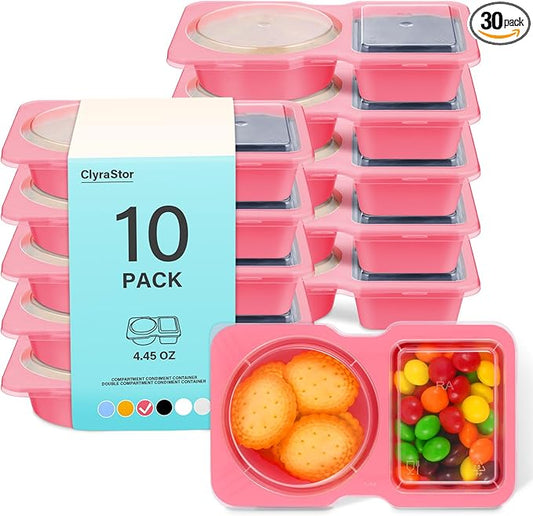 Double Compartment Snack Containers with Lids, 2 Compartment Condiment Container, Plastic Disposable Snack Pack Containers for Sauce, Salad, Food Storage Box(30PCS-Pink)