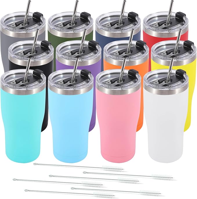 Dongni 20oz Tumbler with Lid Stainless Steel Tumblers Bulk, Double Wall Vacuum Insulated Coffee Travel Mug Powder Coated Tumbler（Mix 12 pack）