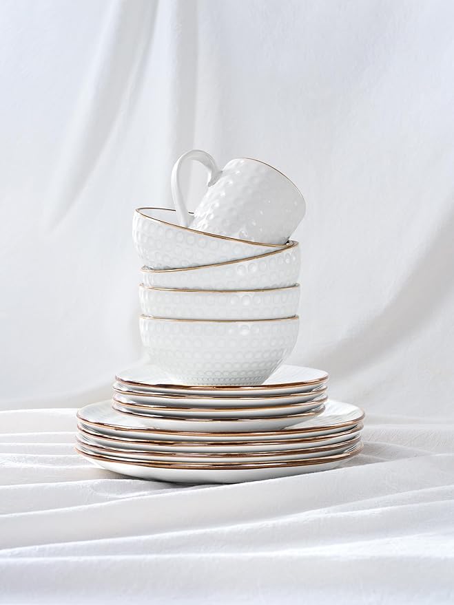 Famiware Eden Plates and Bowls Sets, Stoneware Dinnerware Sets with Gold Trim, 12 Pieces Dishes Set for 4 - Chip and Scratch Resistant, Microwave and Dishwasher Safe, White Circle