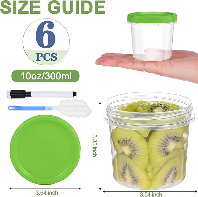 10 oz Plastic Containers with Lids, 6 Pack Stackable Small Freezer Container, Reusable Clear Food Storage Meal Prep Containers for Snack Fruit, Microwave & Dishwasher Safe, with Pen & Brush