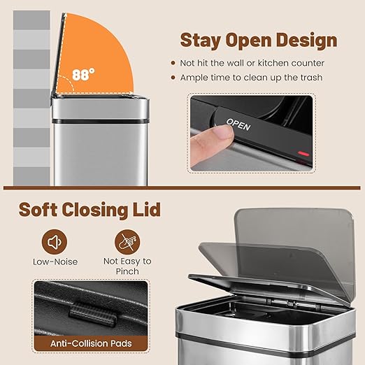 Goplus 19 Gal Stainless Steel Trash Can, 72 L Volume in 4 Containers, Motion Sensor Trash Bin w/Kitchen Waste Bin & 2 Bottom Recycling Bins, Touchless Garbage Can w/Soft Close Lid, Battery Operated